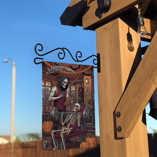 Skeleton Gym Halloween Garden Flag, Funny Weightlifting Yard Decor, Grim Reaper