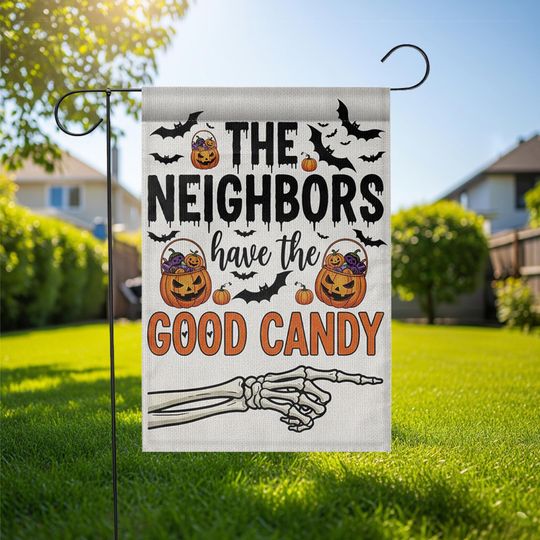 Funny Halloween Garden Flag: "Good Candy" Skeleton Hand Decor