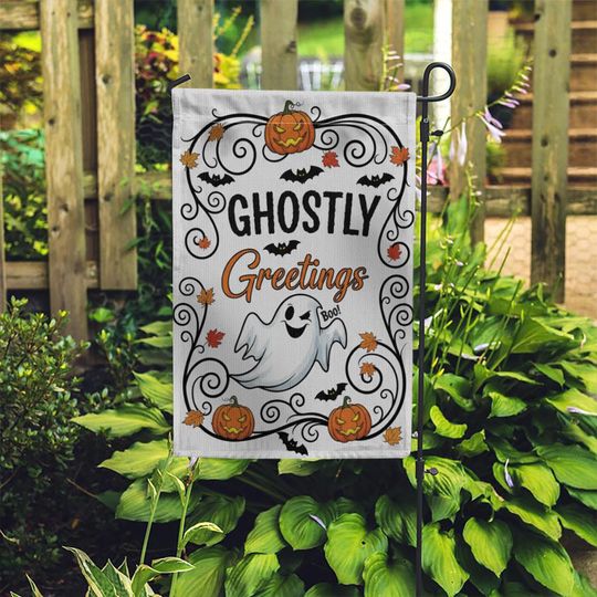 Ghostly Greetings Halloween Garden Flag  Cute Ghost Yard Decor with Pumpkins, Bats & Fall Leaves for Spooky Outdoor Decoration