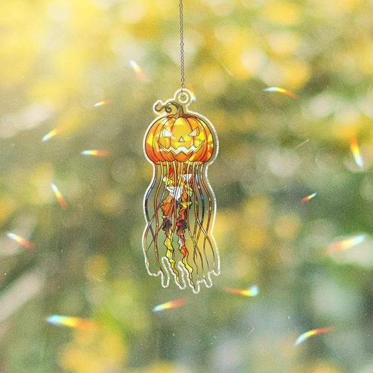 Halloween Pumpkin Jellyfish Suncatcher  Jack-O-Lantern Window Decor  Spooky Fall Sun Catcher