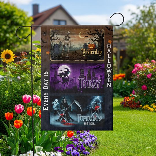 Halloween Garden Flag: Spooky Skeleton, Witch, Grim Reaper Decor