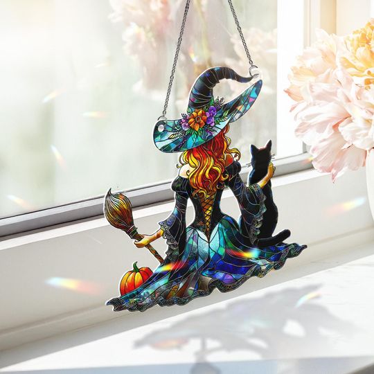 Witch and Cat Suncatcher: Holographic Halloween Window Hanging
