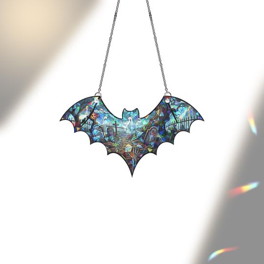 Bat Suncatcher Gothic Halloween Window Hanging Haunted Graveyard Stained Glass Art