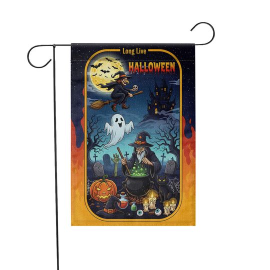 Long Live Halloween Garden Flag  Witch Cauldron Ghost Cat Spooky Graveyard Yard Decor