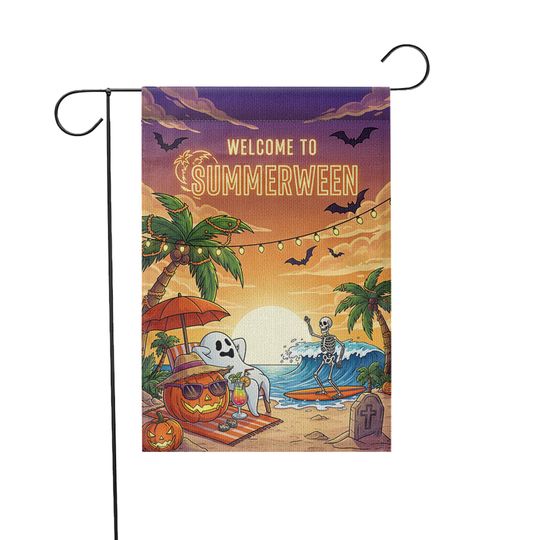 Summerween Garden Flag  Funny Halloween Beach Decor with Skeleton & Ghost