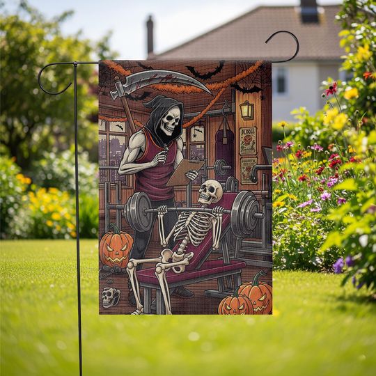 Skeleton Gym Halloween Garden Flag, Funny Weightlifting Yard Decor, Grim Reaper