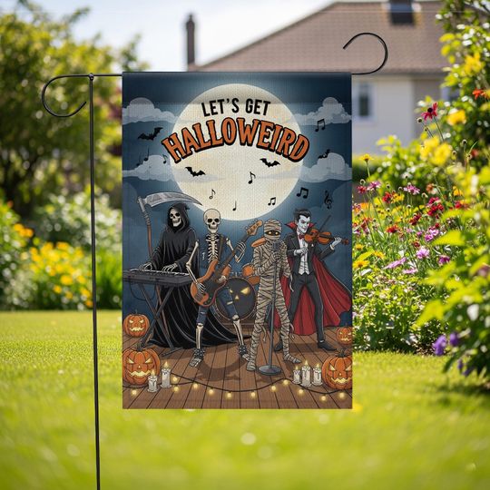 Funny Halloween Garden Flag: Skeleton Band, Grim Reaper & Vampire - Spooky Yard Decor