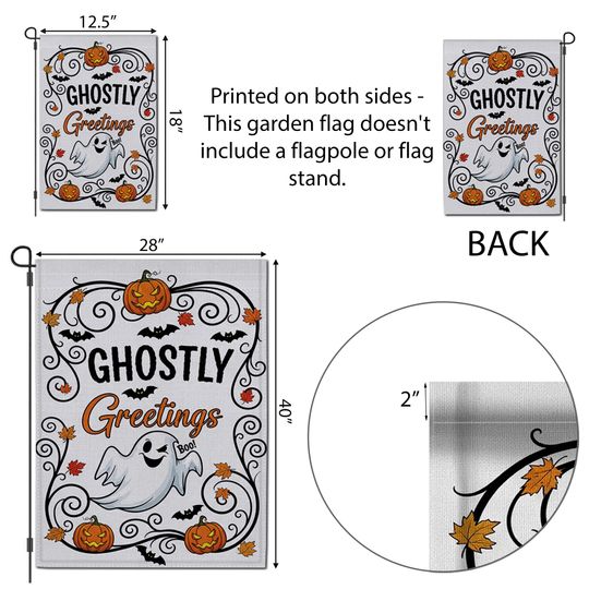 Ghostly Greetings Halloween Garden Flag  Cute Ghost Yard Decor with Pumpkins, Bats & Fall Leaves for Spooky Outdoor Decoration