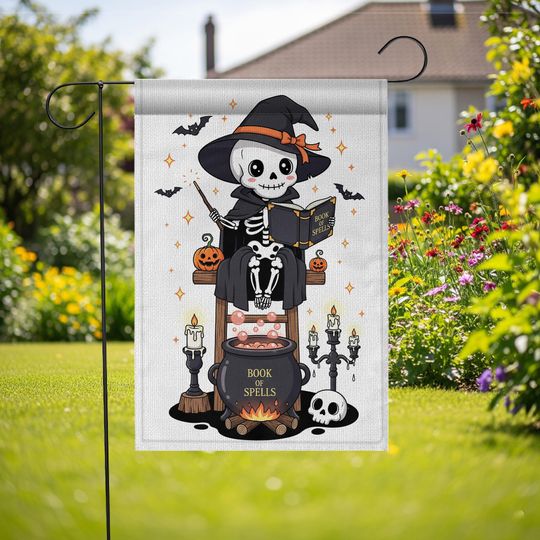Skeleton Witch Halloween Garden Flag: Spooky Cauldron Decor