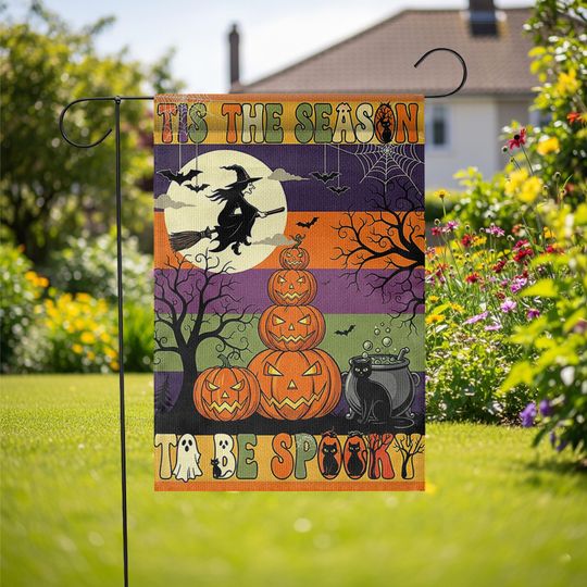 Halloween Garden Flag: Witch, Pumpkin & Black Cat - Outdoor Decor