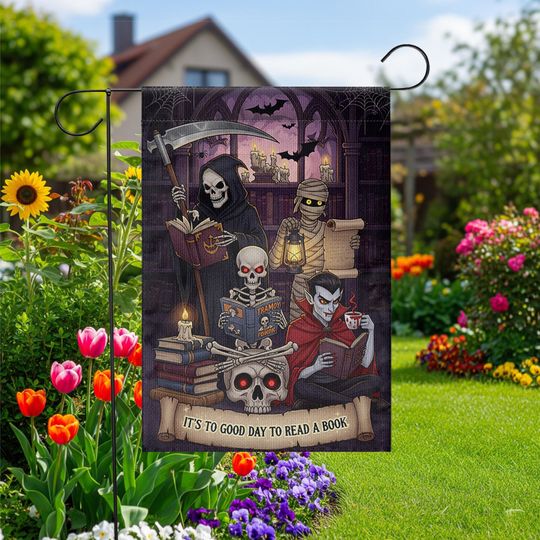 Halloween Reading Garden Flag  Grim Reaper Vampire Mummy Skeleton Book Lover Decor