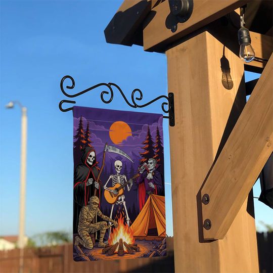 Halloween Campfire Garden Flag  Grim Reaper Skeleton Vampire Mummy Funny Spooky Decor