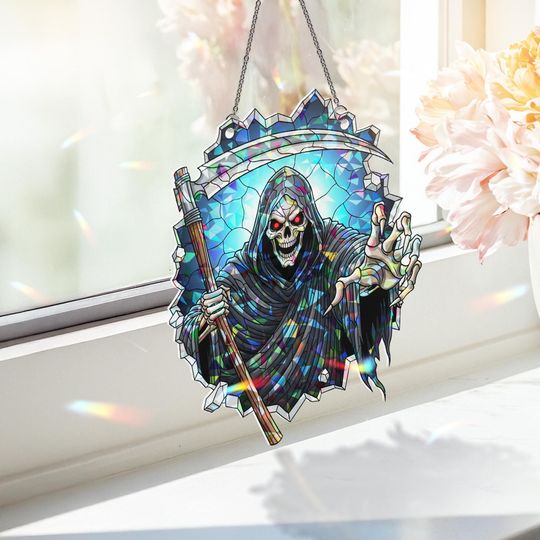 Holographic Grim Reaper Suncatcher: Stained Glass Skull, Gothic Halloween Decor