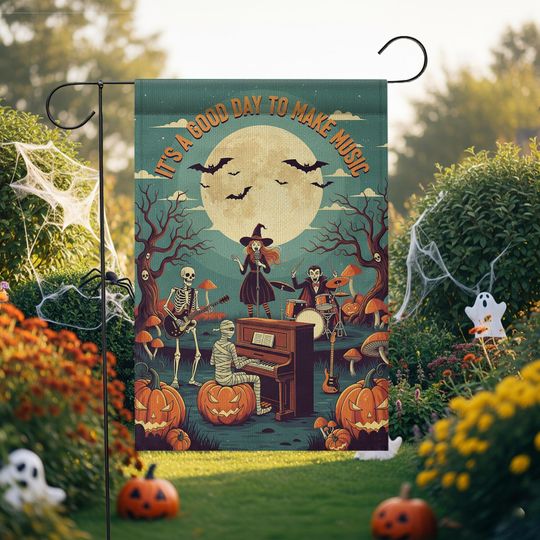 Halloween Music Garden Flag: Spooky Skeletons, Witch & Mummy - Fall Porch Decor