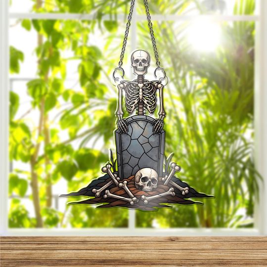 Hologram Skeleton Graveyard Suncatcher: Gothic Halloween Window Decor