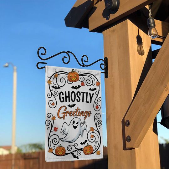 Ghostly Greetings Halloween Garden Flag  Cute Ghost Yard Decor with Pumpkins, Bats & Fall Leaves for Spooky Outdoor Decoration