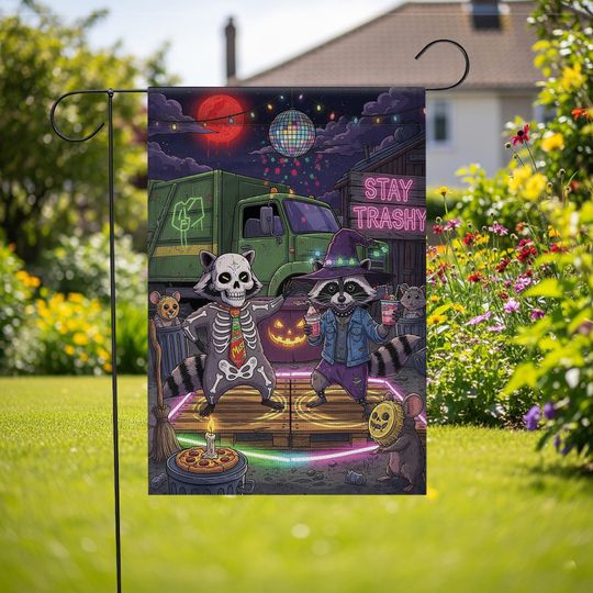 Stay Trashy Halloween Garden Flag: Raccoon Skeleton Witch Party Decor