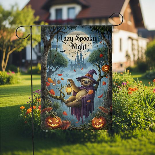 Spooky Sloth Halloween Garden Flag: Funny Witch, Pumpkin Lantern