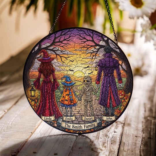Personalized Halloween Suncatcher: Witch, Mummy & Dracula - Fall Window Decor