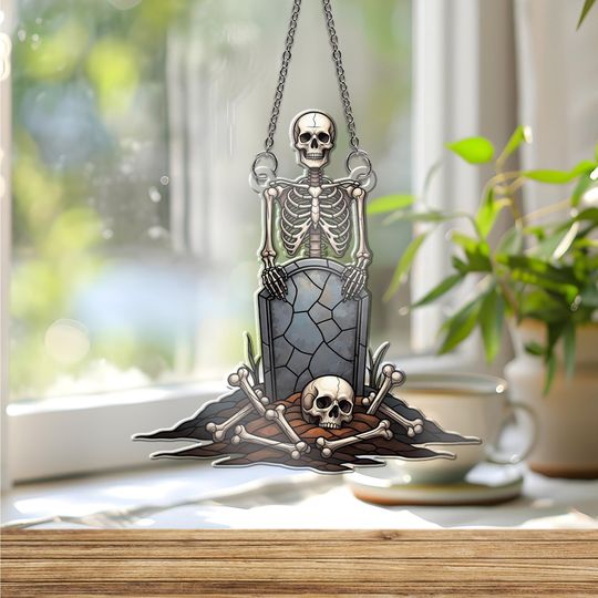 Hologram Skeleton Graveyard Suncatcher: Gothic Halloween Window Decor