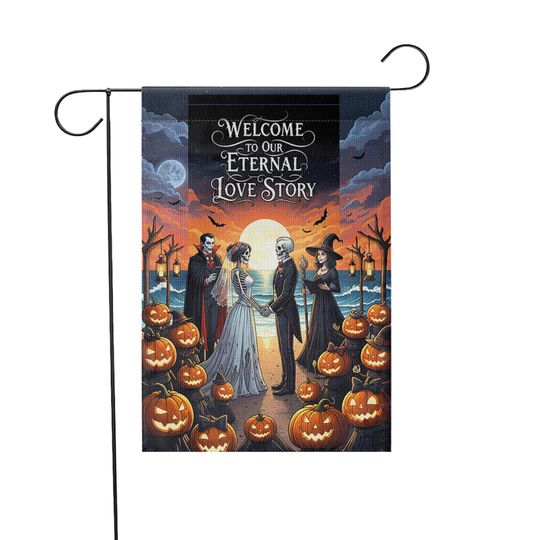 Gothic Halloween Wedding Garden Flag: Skeleton Bride & Groom, Spooky Fall Decor
