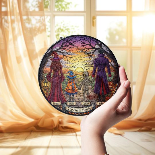Personalized Halloween Suncatcher: Witch, Mummy & Dracula - Fall Window Decor