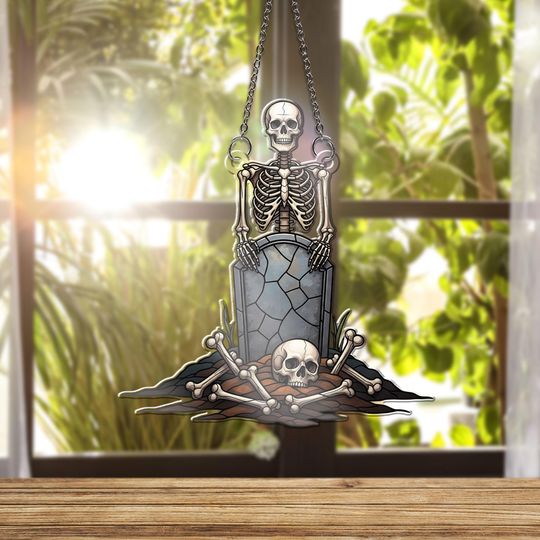 Hologram Skeleton Graveyard Suncatcher: Gothic Halloween Window Decor