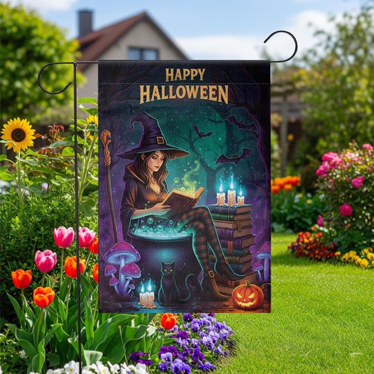 Halloween Witch Garden Flag  Spooky Reading Witch Yard Decor with Cat and Cauldron