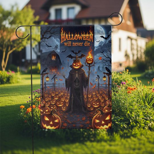Gothic Halloween Garden Flag: Grim Reaper Pumpkin Decor