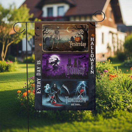 Halloween Garden Flag: Spooky Skeleton, Witch, Grim Reaper Decor