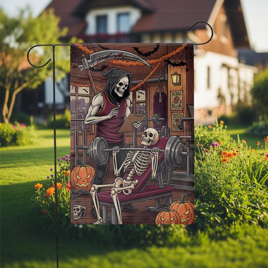 Skeleton Gym Halloween Garden Flag, Funny Weightlifting Yard Decor, Grim Reaper