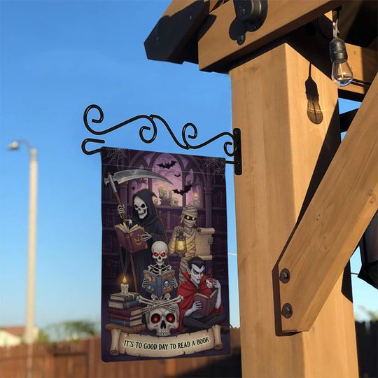 Halloween Reading Garden Flag  Grim Reaper Vampire Mummy Skeleton Book Lover Decor