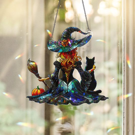 Witch and Cat Suncatcher: Holographic Halloween Window Hanging