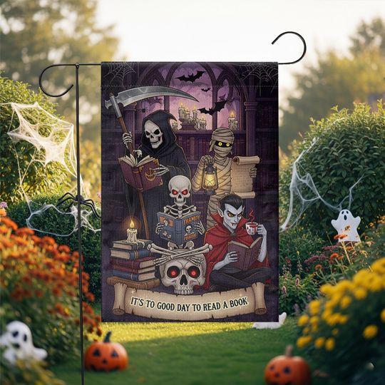Halloween Reading Garden Flag  Grim Reaper Vampire Mummy Skeleton Book Lover Decor