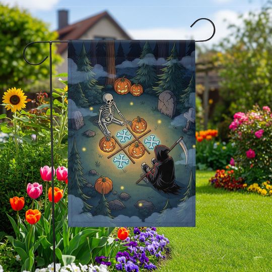 Halloween Garden Flag: Grim Reaper & Skeleton - Spooky Yard Decor