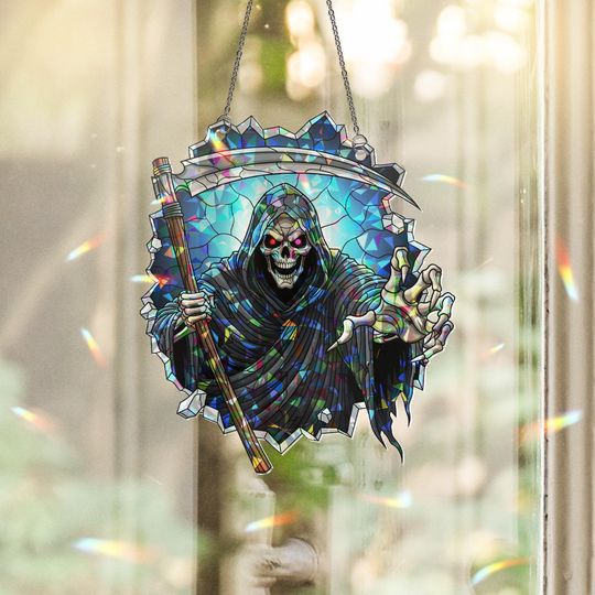 Holographic Grim Reaper Suncatcher: Stained Glass Skull, Gothic Halloween Decor