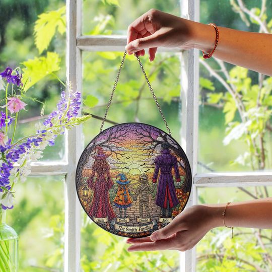 Personalized Halloween Suncatcher: Witch, Mummy & Dracula - Fall Window Decor