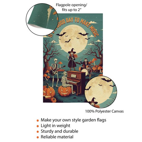 Halloween Music Garden Flag: Spooky Skeletons, Witch & Mummy - Fall Porch Decor