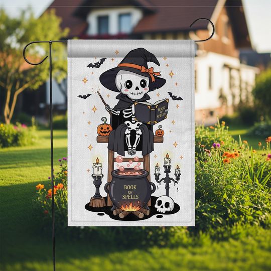 Skeleton Witch Halloween Garden Flag: Spooky Cauldron Decor