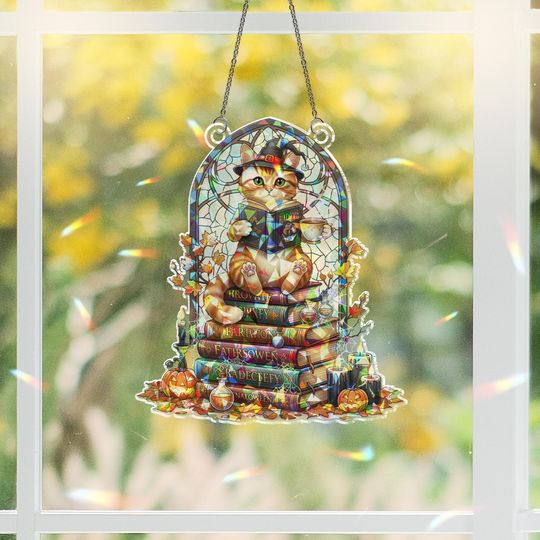 Stained Glass Witch Cat Suncatcher: Halloween Book Stack Window Decor