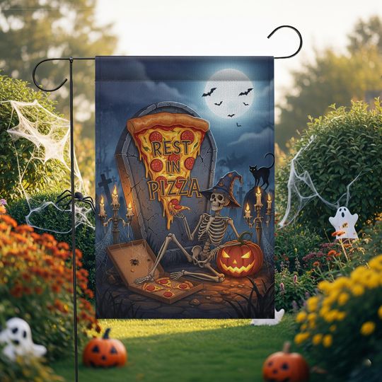 Rest in Pizza Skeleton Flag  Halloween Pizza Graveyard Garden Decor