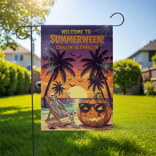 Summerween Garden Flag: Spooky Skeleton Pumpkin Decor