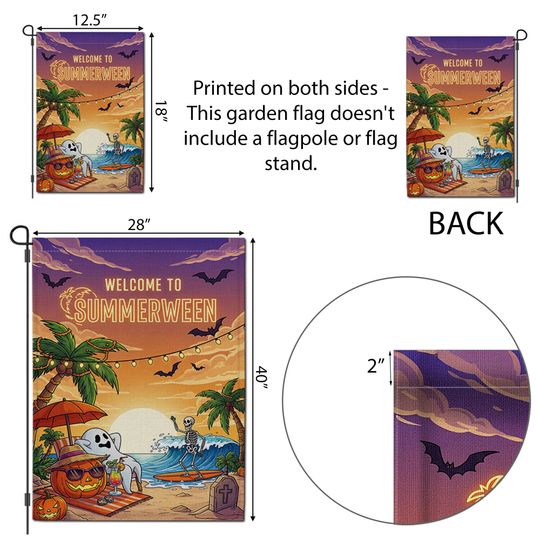 Summerween Garden Flag  Funny Halloween Beach Decor with Skeleton & Ghost