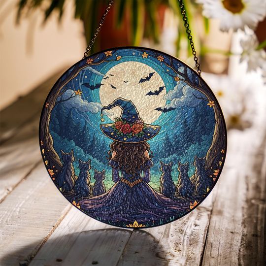 Witch Cat Moon Suncatcher  Halloween Window Hanging Gothic Witchy Decor