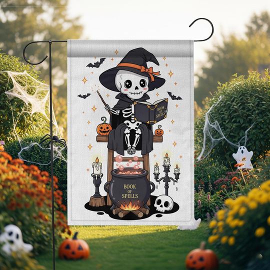 Skeleton Witch Halloween Garden Flag: Spooky Cauldron Decor