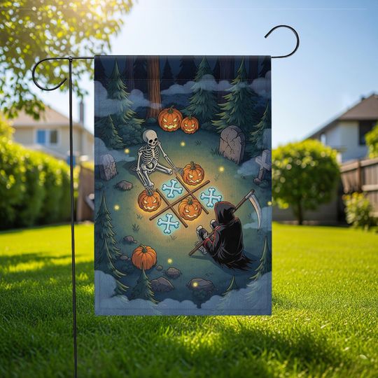 Halloween Garden Flag: Grim Reaper & Skeleton - Spooky Yard Decor