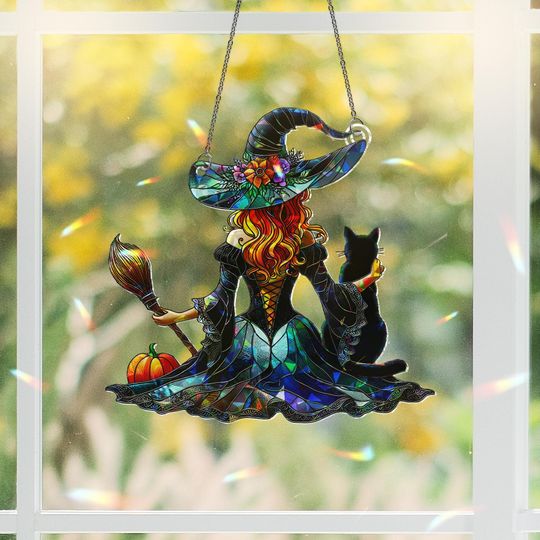 Witch and Cat Suncatcher: Holographic Halloween Window Hanging