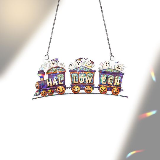 Halloween Train Stained Glass Suncatcher - Ghost Pumpkin Window Decor