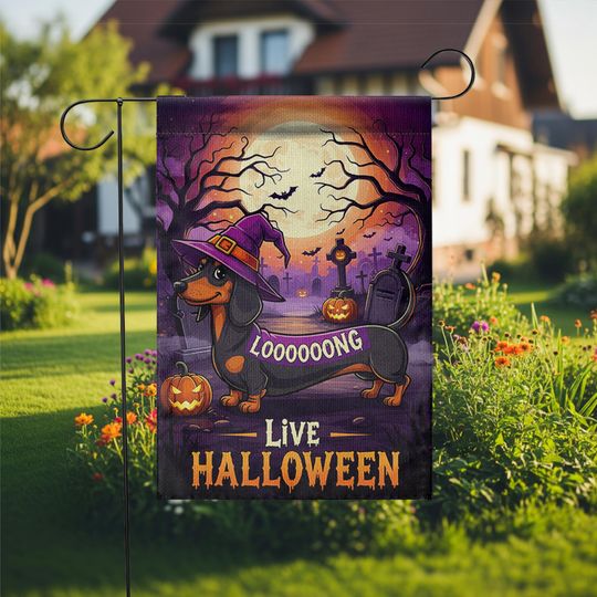 Halloween Dachshund Garden Flag: Long Dog Witch Yard Decor