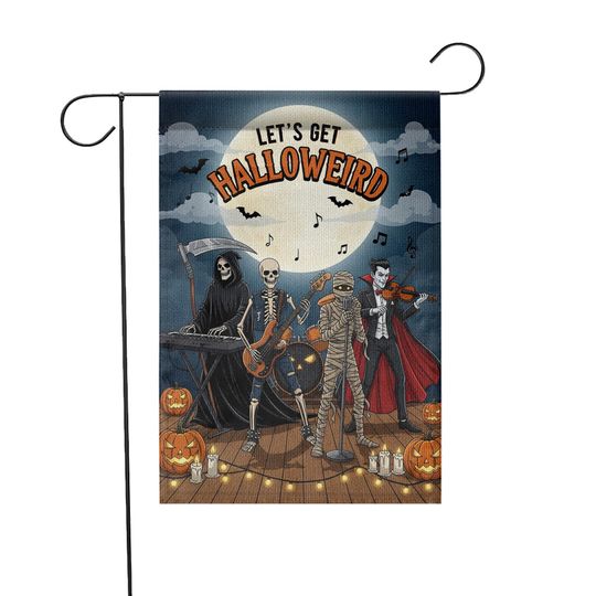 Funny Halloween Garden Flag: Skeleton Band, Grim Reaper & Vampire - Spooky Yard Decor